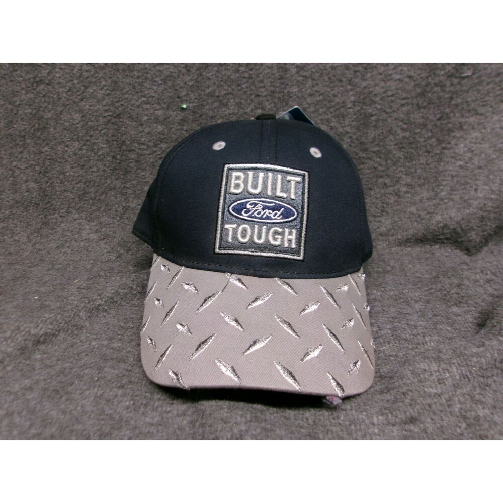 Ford Built Tough Hat Cap Strap Back Adjustable Men Navy Gray Diamond Plate Brim